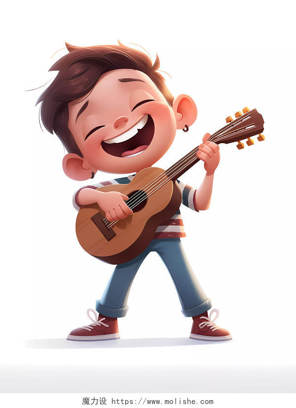 吉他招生插画风格小男孩弹吉他的场景